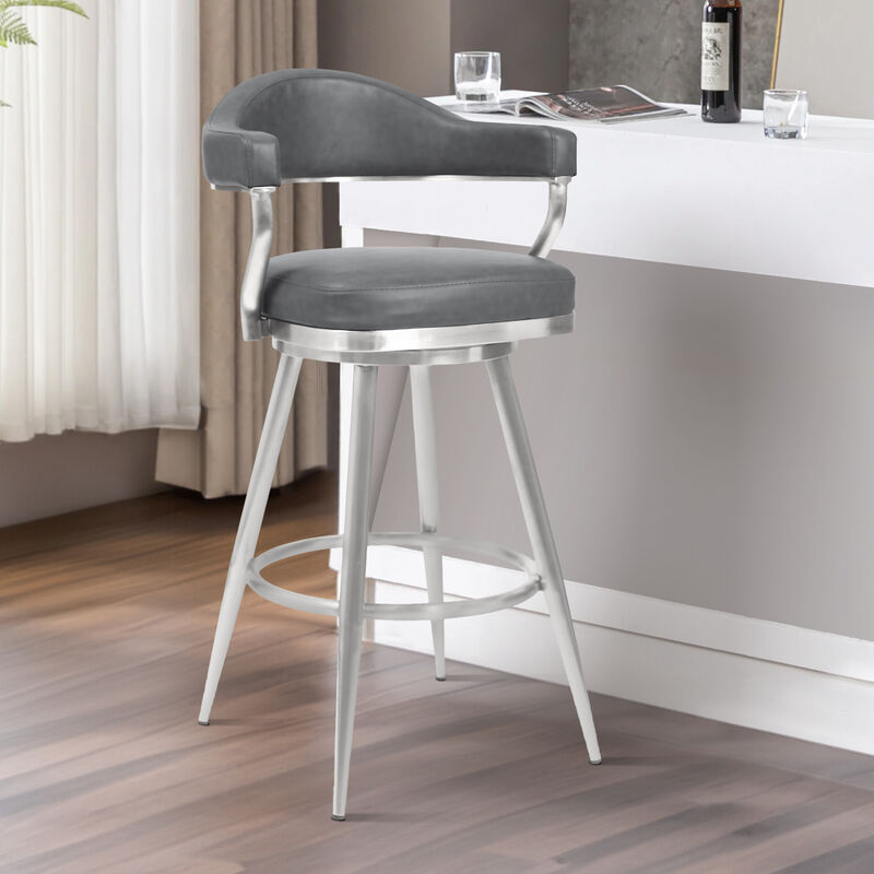 Knw 26 Inch Swivel Counter Stool Chair, Vintage Gray Faux Leather, Chrome - Benzara