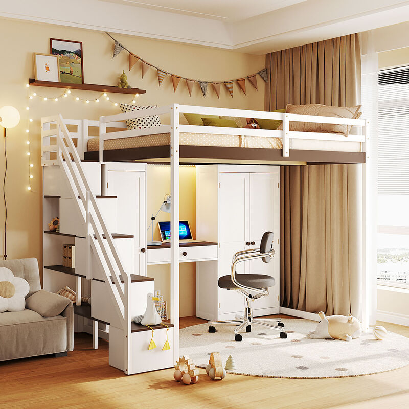 Merax Full Size Loft Bed with Staircase, Dressing Table, Wardrobe, 3-Tier Cabinet image number 2
