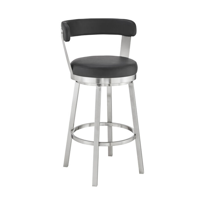 Kobe Bar Height Swivel Bar Stool in Brushed Stainless Steel Finish and Black Faux Leather