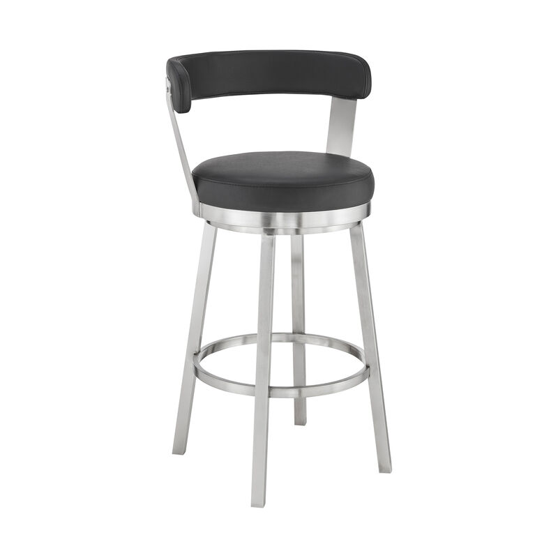 Kobe Bar Height Swivel Bar Stool in Brushed Stainless Steel Finish and Black Faux Leather image number 0