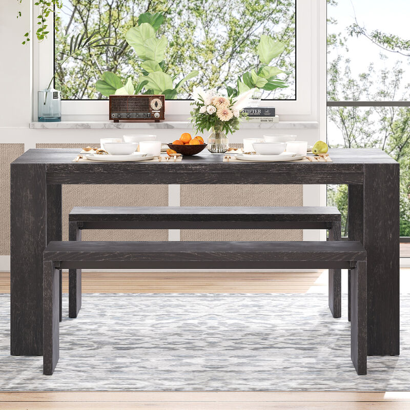 3-piece Farmhouse Style Simple Dining Set, Dining Table and 2 Benches, for Dining Room, Kitchen and Living Room (Natural Wood Wash)