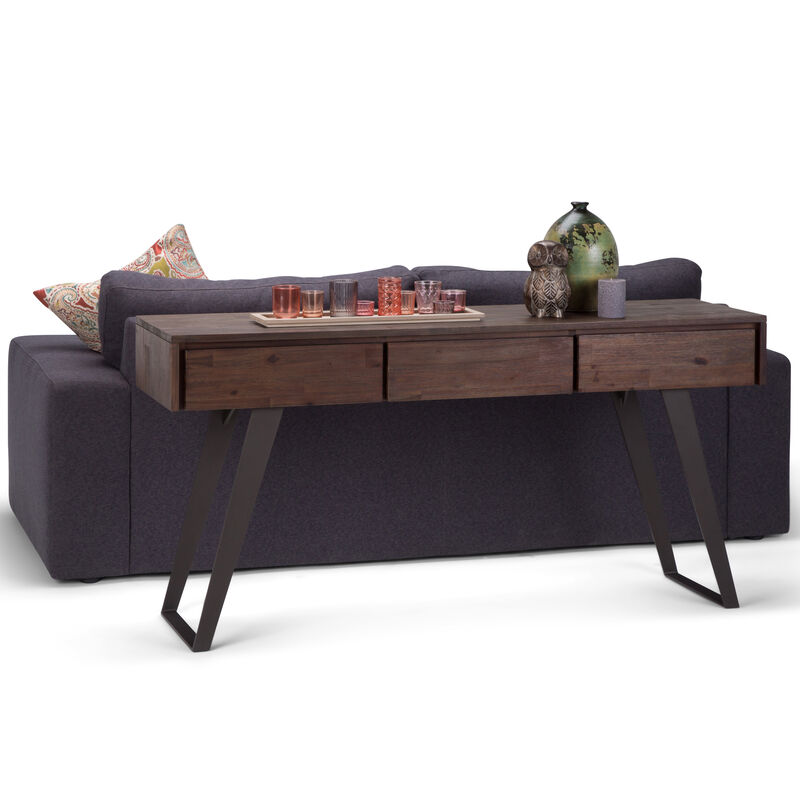 Lowry SOLID ACACIA WOOD and Metal 60 inch Wide Modern Industrial Console Sofa Table in Distressed Charcoal Brown