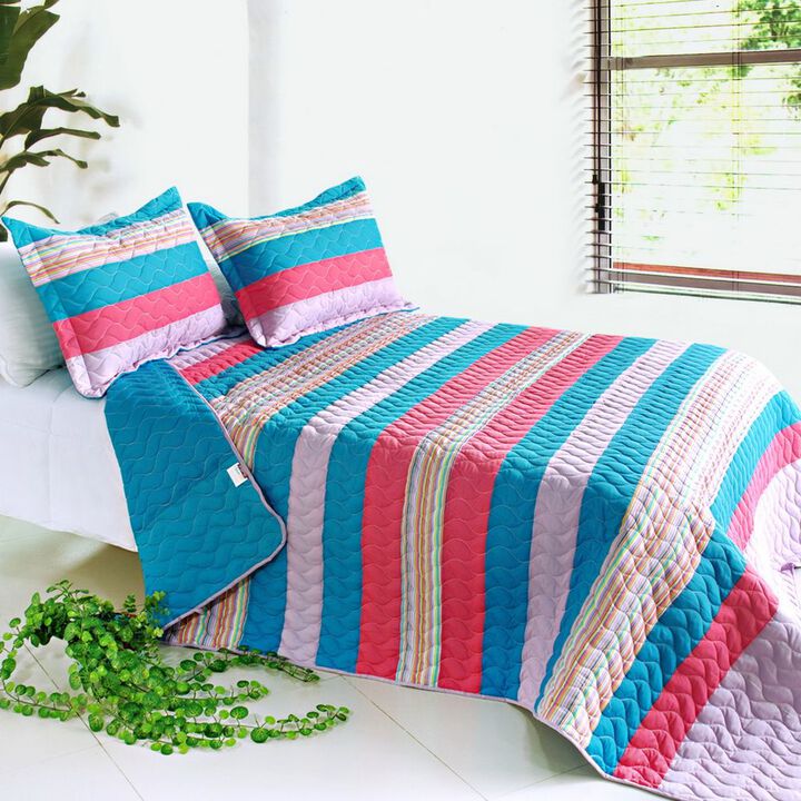 3 Piece Vermicelli Quilted Striped Quilt Set World Style for Bedroom Decor