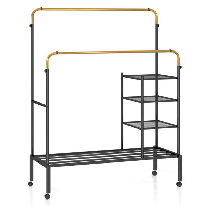 Hivvago Rolling Double Rods Garment Rack with Height Adjustable Hanging Bars