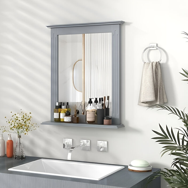 Wall-Mounted Bathroom Mirror with Storage Shelf Wooden Frame