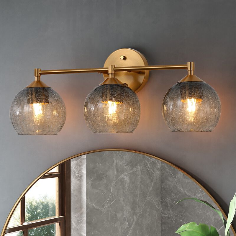 Gold Bathroom Vanity Light, Three-Light Gray Crackle Glass Shades image number 1
