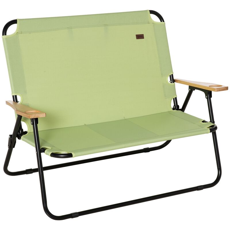 Green Portable Seating: Folding Double Camping Chair with Cup Holders