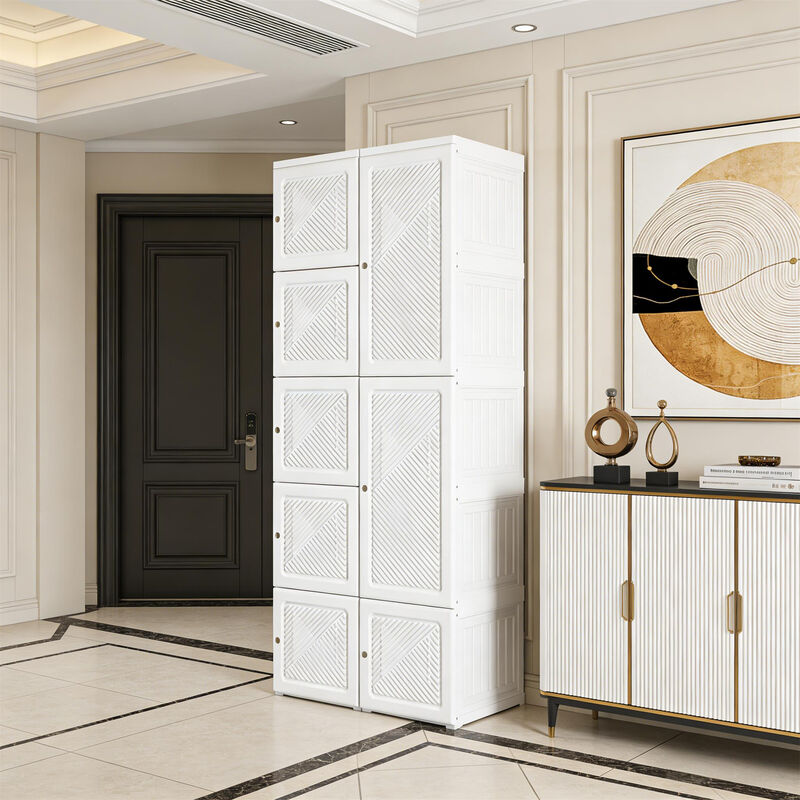 Portable Folding Wardrobe Storage Cabinet - 6 Compartments White Clothes Organizer for Entryway image number 2