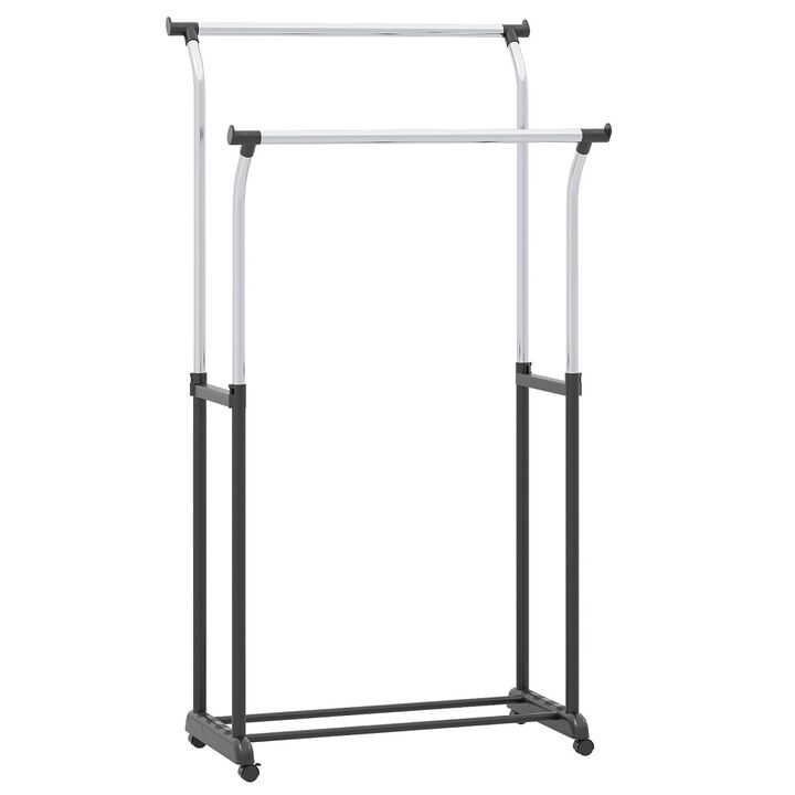 Double Rod Garment Rack with Wheels, Adjustable Height Rolling Clothes Organizer-Silver