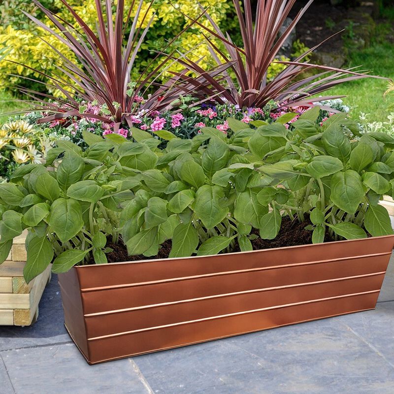 Rectangular Metal Flower Planter Box with Embossed Line Design, Large, Copper-Benzara