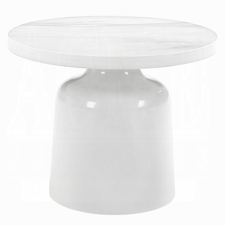Zayn Round End Table with Pedestal Base, White Faux Marble, 22 Inch