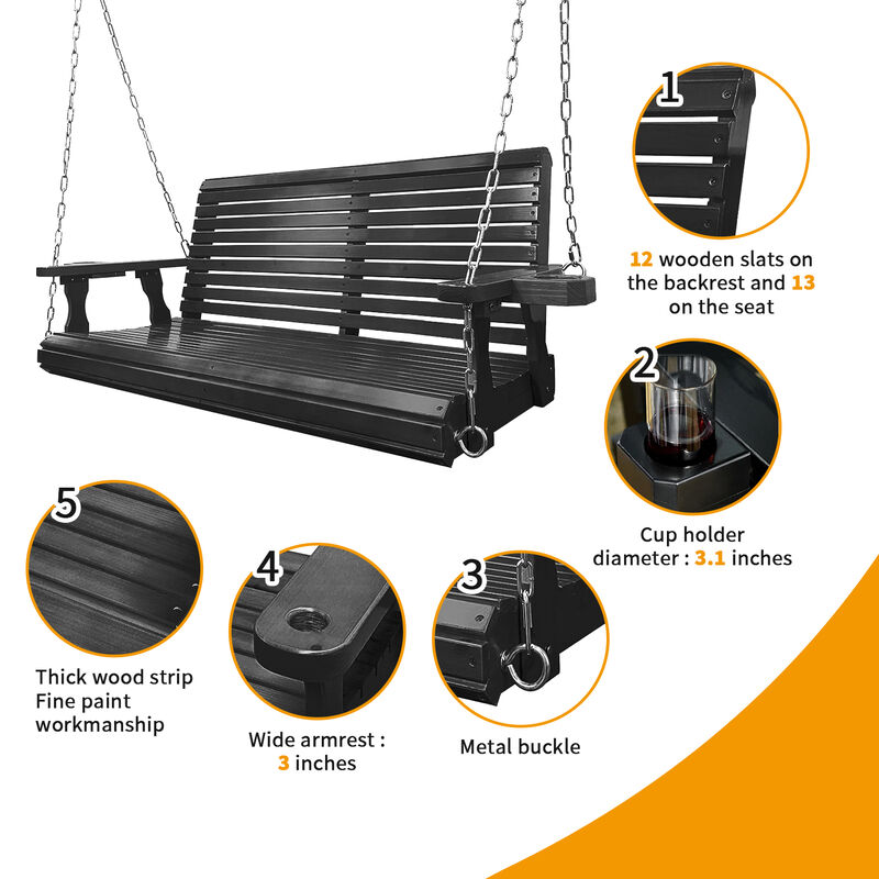 Wooden Porch Swing 2-Seater, Bench Swing with Cupholders, Hanging Chains and 7mm Springs, Heavy Duty 800 LBS, for Outdoor Patio Garden Yard, 4 ft, Black image number 3