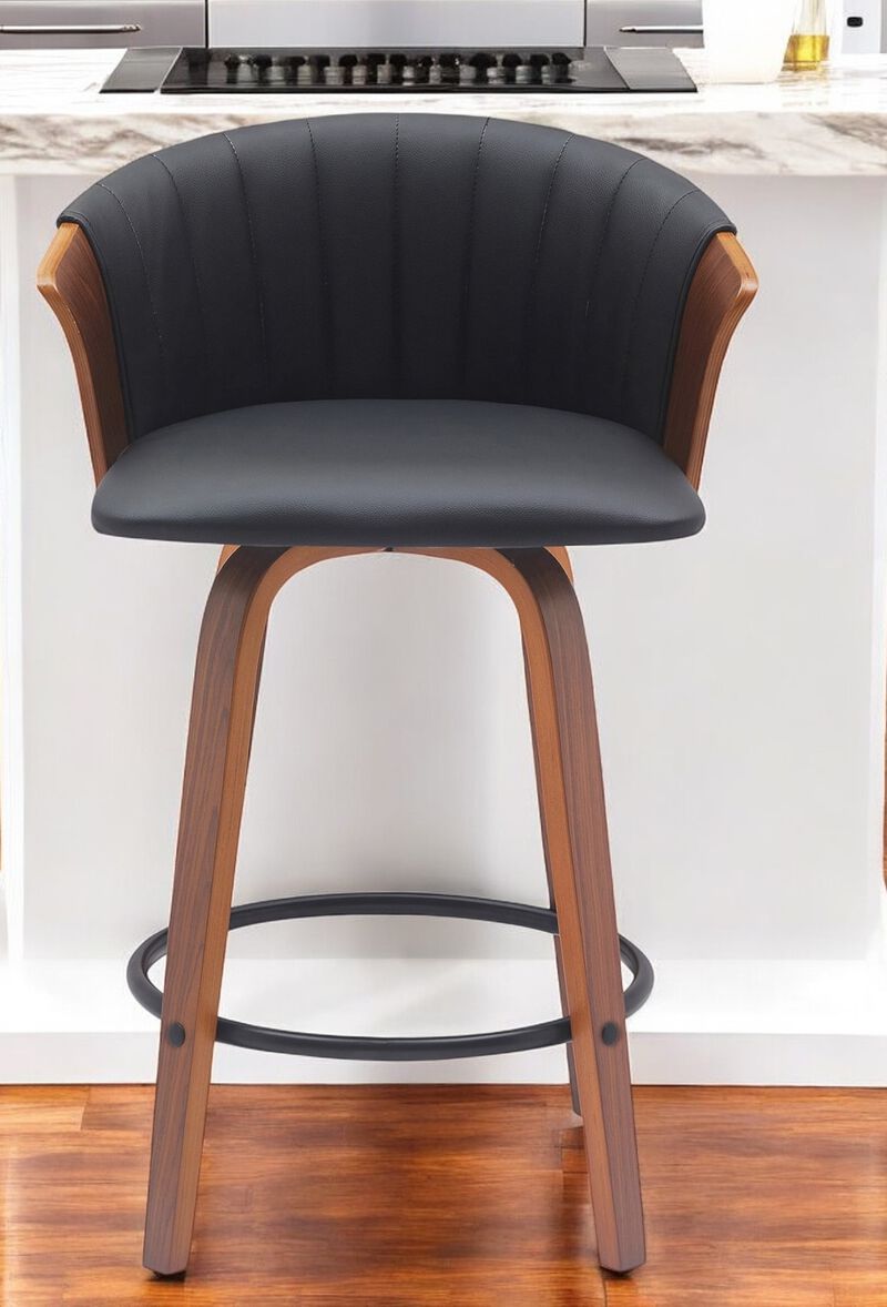 HomeRoots 26" Black and Wood Brown Faux Leather with Solid Wood Swivel Counter Height Bar Chair image number 1