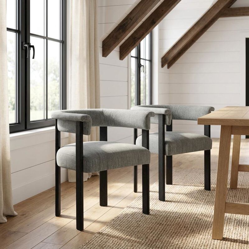 Fabric Upholstered Barrel Dining Chairs, Heathered Weave Ivory Black, Set of 2 image number 4