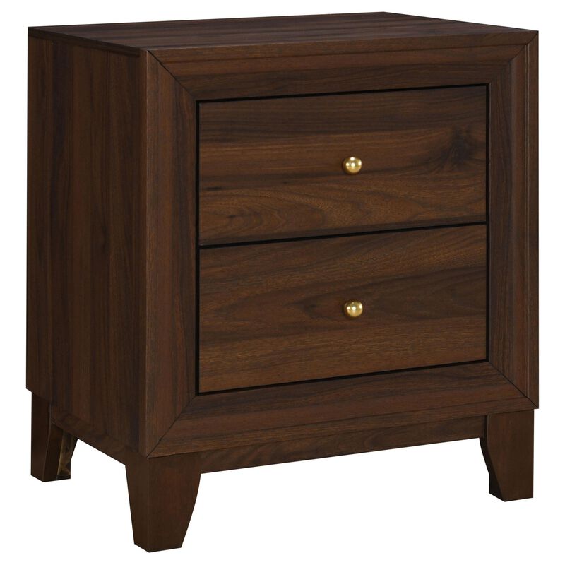 Yels Nightstand with 2 Drawers, Gold Metal Knobs, Walnut Brown