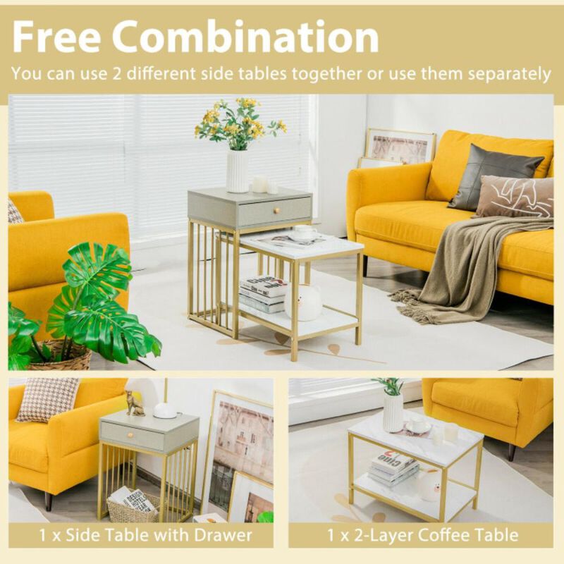 Hivvago 2 Pieces Modern Nesting Coffee Table Set with Drawer and Shelf