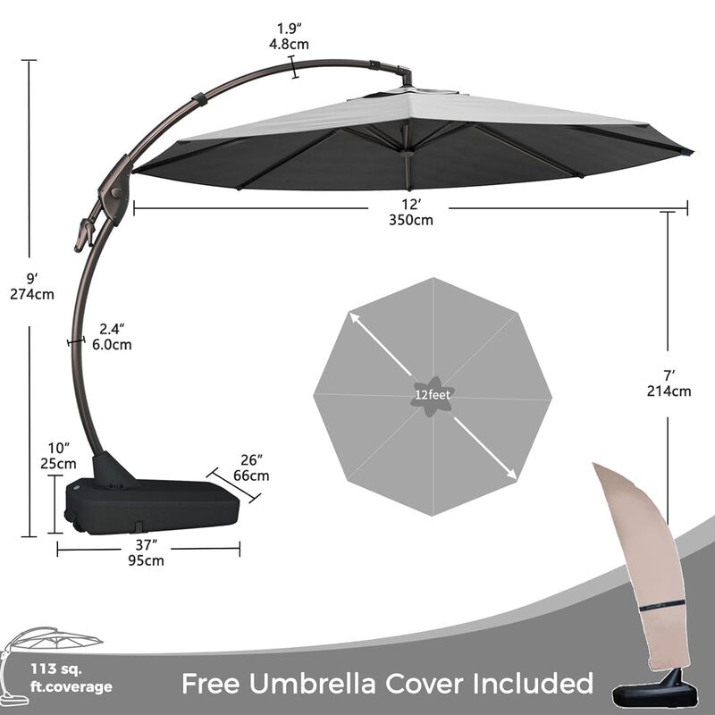 Mondawe 12ft Premium Cantilever Umbrella,With Sunbrella Fabric And Wheels 8 Steel Ribs Umbrella