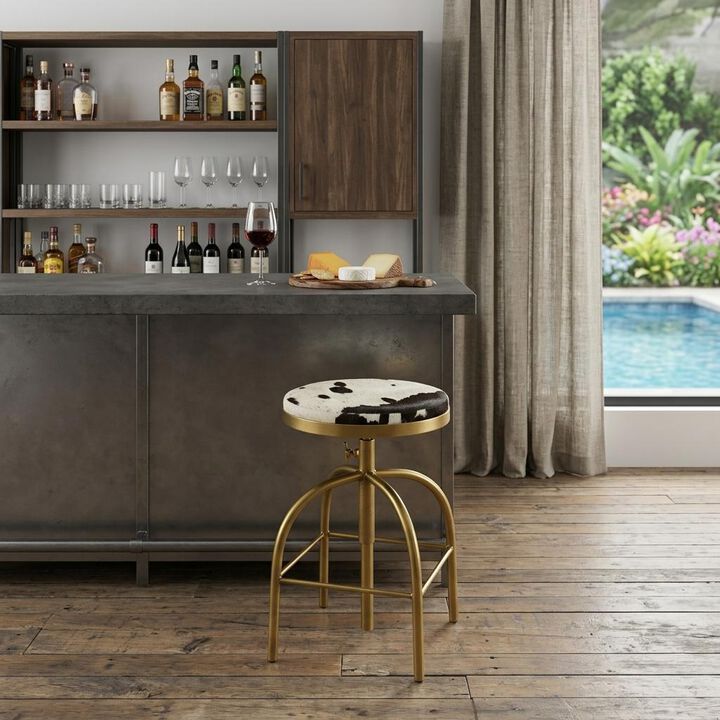 HomeRoots Black Off White and Gold Iron Backless Adjustable Height Swivel Bar Chair