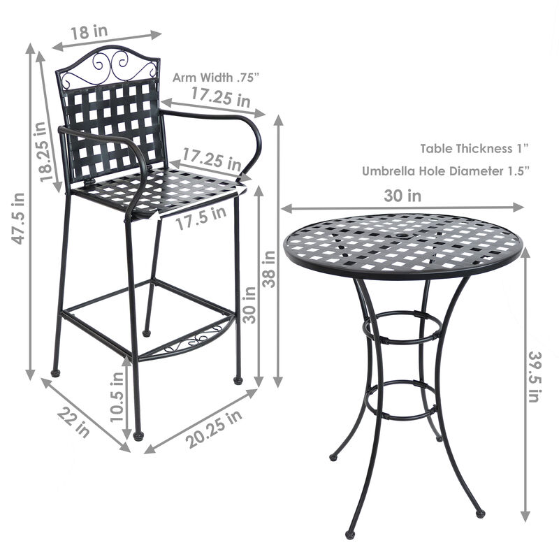 Sunnydaze Scrolling Wrought Iron Patio Bar-Height Table and Chairs - Black