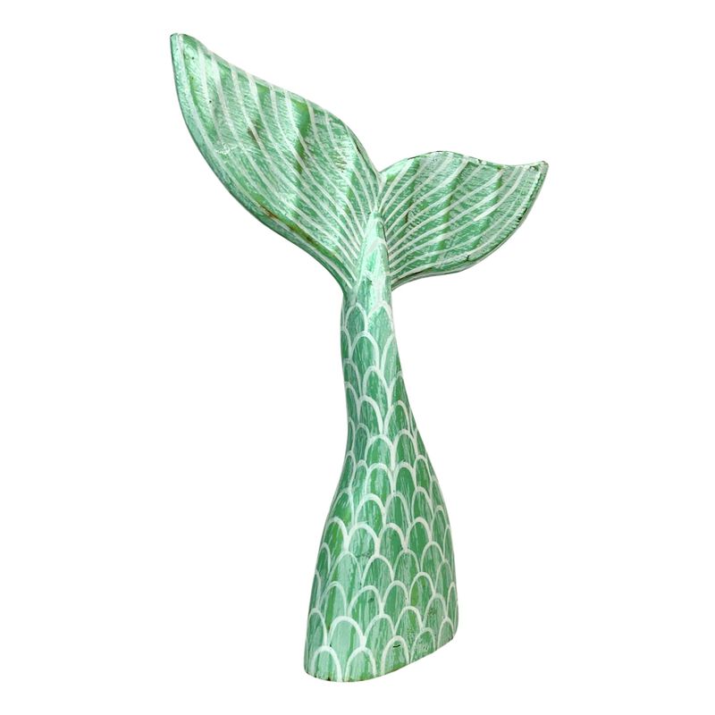 Turquoise Wood Mermaid Tail Sculpture 1375 Coastal Table Decor Ocean Art image number 1
