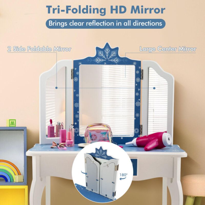 Hivvago Princess Vanity Table and Chair Set with Tri-Folding Mirror and Snowflake Print