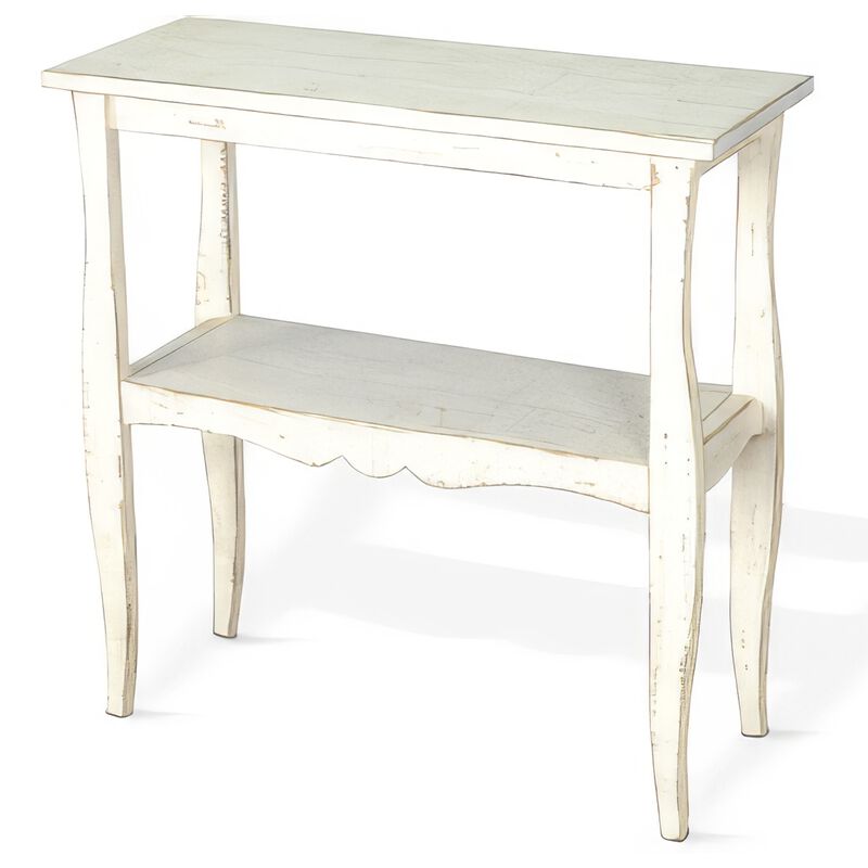 Rena Side End Table, Scallop Trim, 28 Inch Distressed White Mahogany