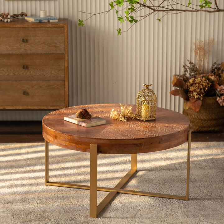 33.86"Modern Retro Splicing Round Coffee Table, Fir Wood Table Top with Gold Cross Legs Base(Same SKU:W236)