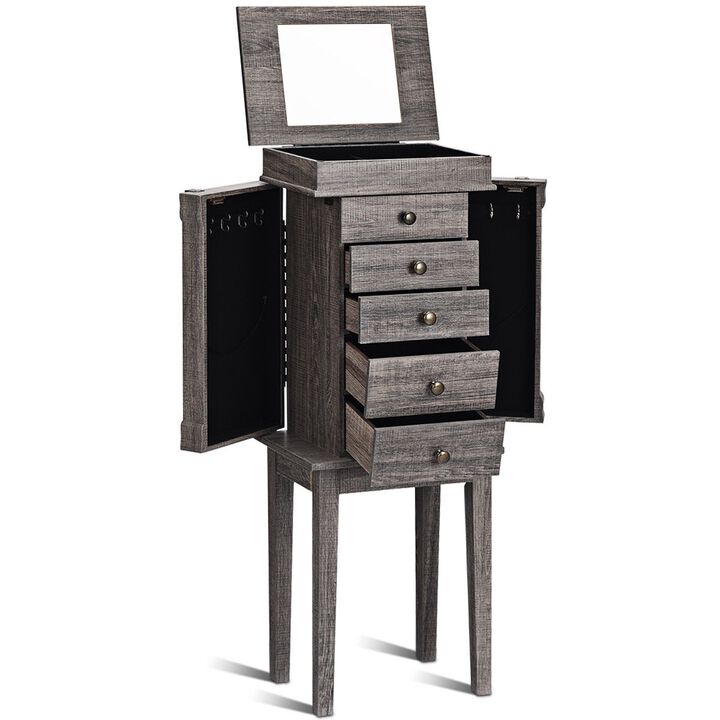 Standing Jewelry Cabinet Storage Organizer with Wooden Legs-Gray