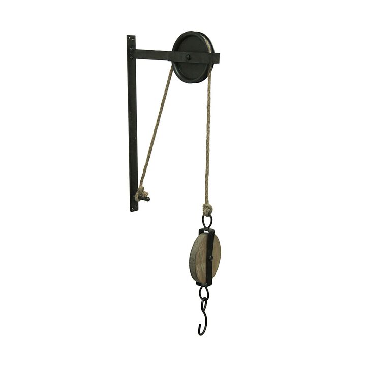 Rustic Vintage Style Metal And Wood Pulley And Hook Wall Hanging