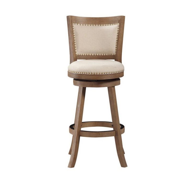Nailhead Trim Round Barstool with Padded seat and Back, Brown and Beige-Benzara