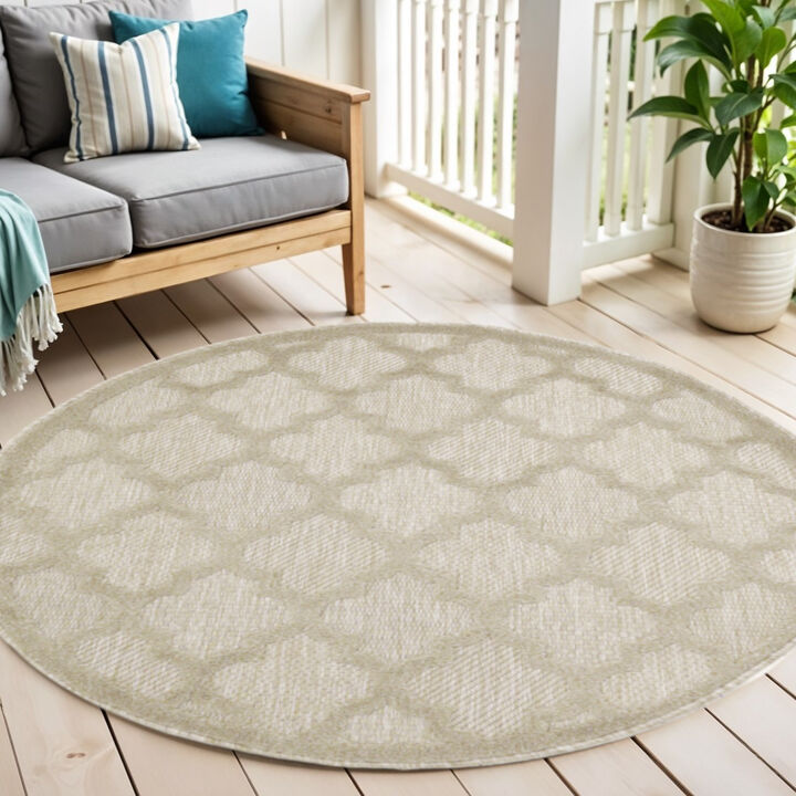 HomeRoots 4' Cream And Beige Round Geometric Indoor Outdoor Area Rug