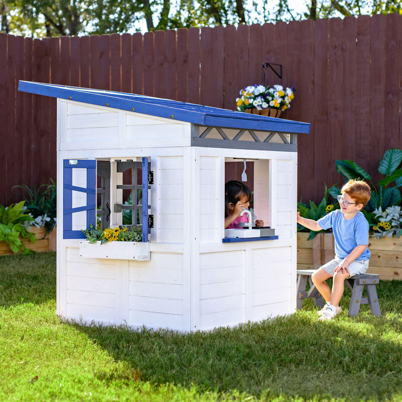 Teamson Kids Rainbow Shade Wooden Playhouse with Colorful Overhang, Flower Box and Bench, White image number 7