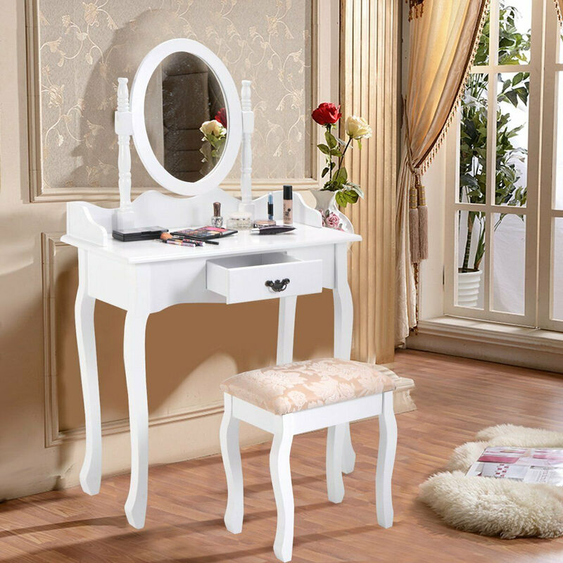 Wooden Vanity Makeup Set with Cushioned Stool and Oval Rotating Mirror