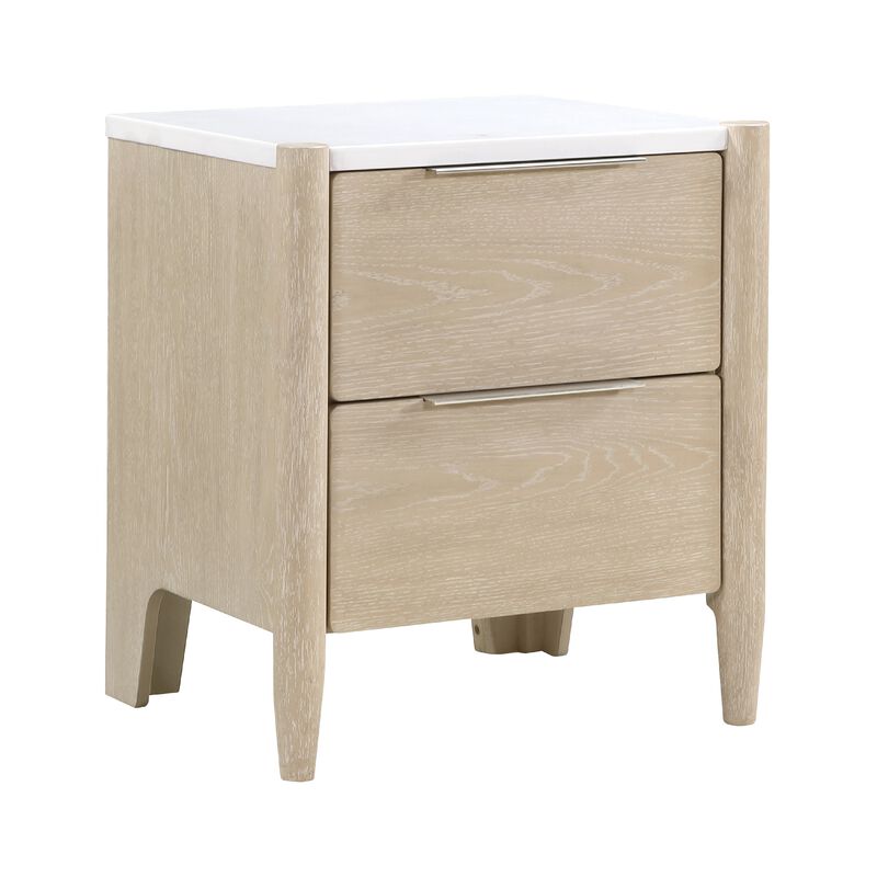 Maty Nightstand, 2 Drawers, White Marble Top, Light Oak Brown Ceruse image number 0