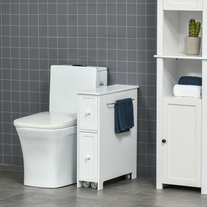 Slim Bathroom Cabinet, Freestanding Toilet Paper Storage with Two Drawers, Side Towel Rack, Four Castors, White