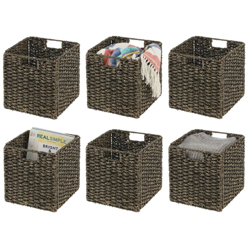 mDesign Seagrass Woven Cube Bin Basket Organizer, Handles, 4 Pack, Black Wash image number 2