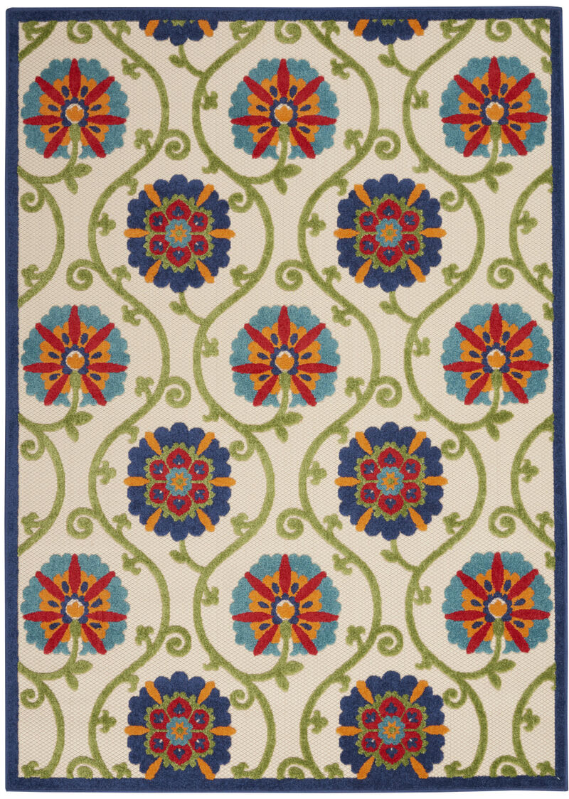 HomeRoots 8' X 11' Navy Blue Beige Green Blue And Red Floral Indoor Outdoor Area Rug image number 2