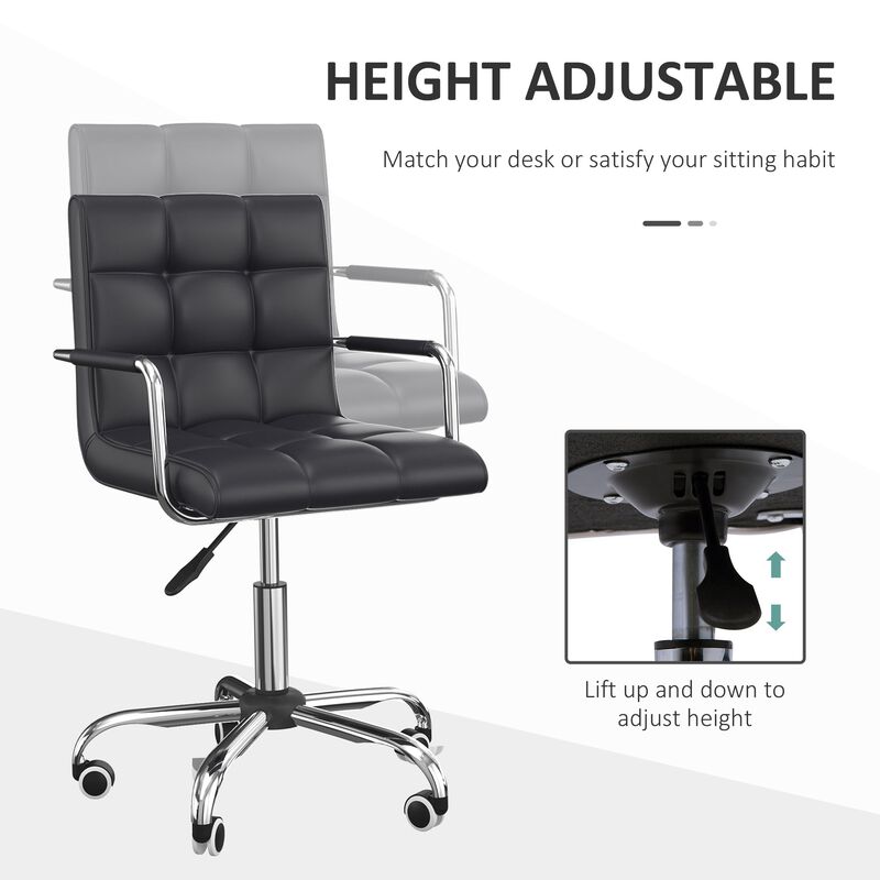 Ergonomic Task Seat: Black PU Leather Mid-Back Office Chair on Wheels