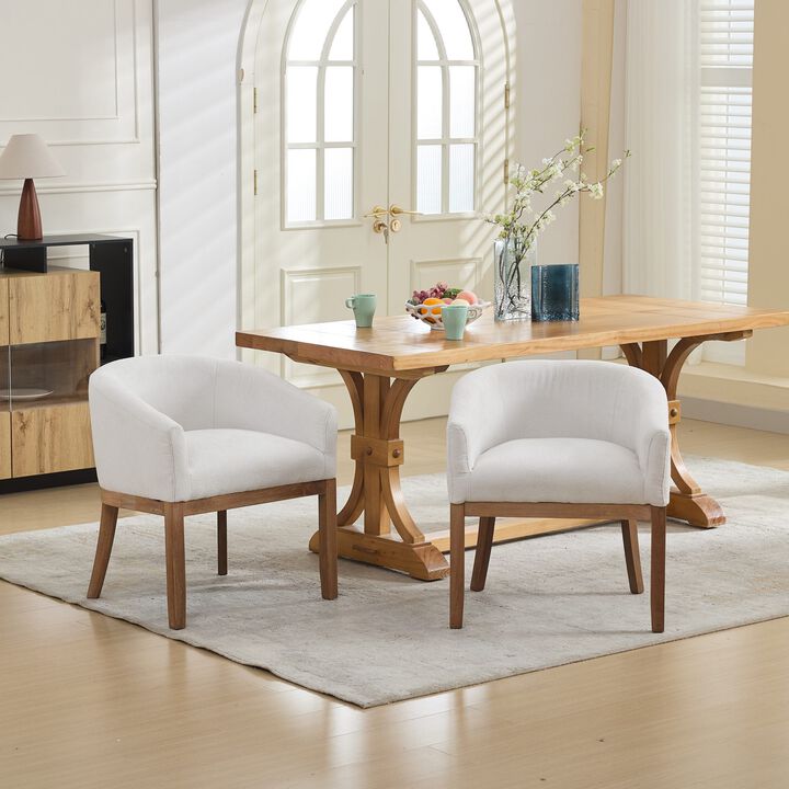 Upholstered Barrel Dining Chairs, Farmhouse Linen Accent Chairs with Natural Hardwood Frame