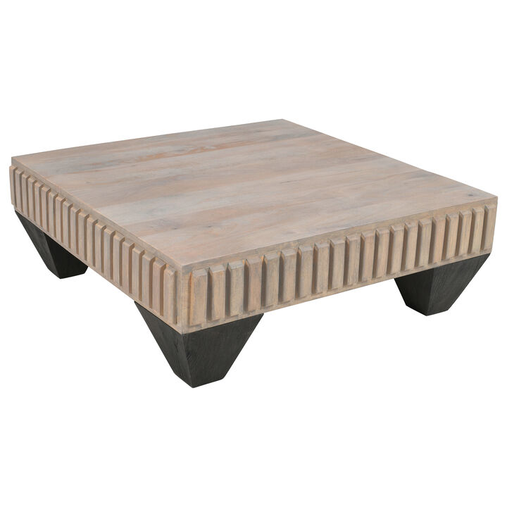 Tokyo Inspired 36 Inch Square Mango Wood Coffee Table - Handcrafted with Elegant Sandblasted Gray Finish and Tapered Legs
