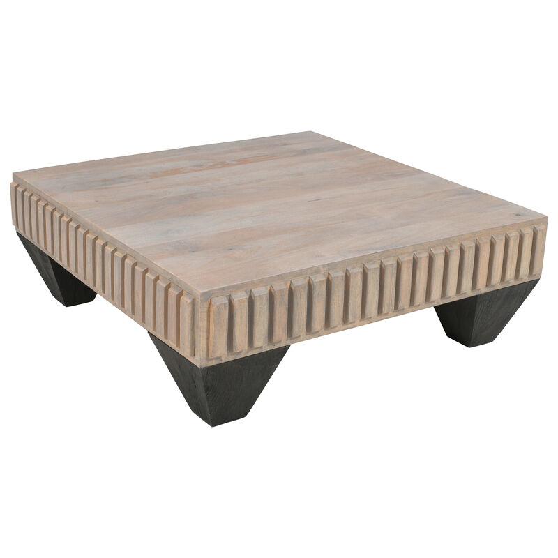 Tokyo Inspired 36 Inch Square Mango Wood Coffee Table - Handcrafted with Elegant Sandblasted Gray Finish and Tapered Legs