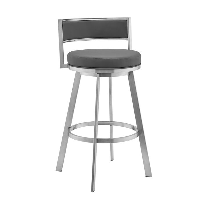 Roman  Gray Faux Leather and Brushed Stainless Steel Swivel Bar Stool