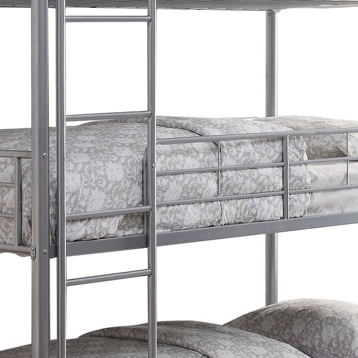 Metal Triple Twin over Twin Size Bunk Bed with Built In Ladder, Silver-Benzara