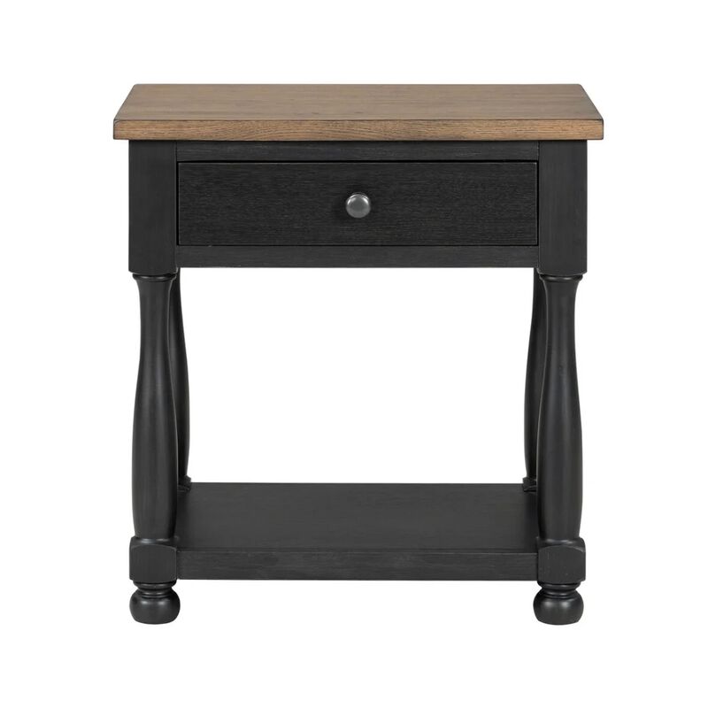 Ginie Nightstand, USB Ports and Drawer, Shelf, Black Rustic Oak Wood