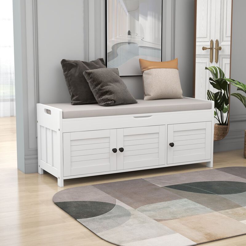 Whisen Storage Bench with 3-Shutter-shaped Doors and Removable Cushion - White