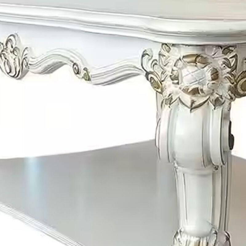 Benjara Jess 58 Inch Coffee Table, Square, Traditional Scrolled Legs, Brushed, White and Gold