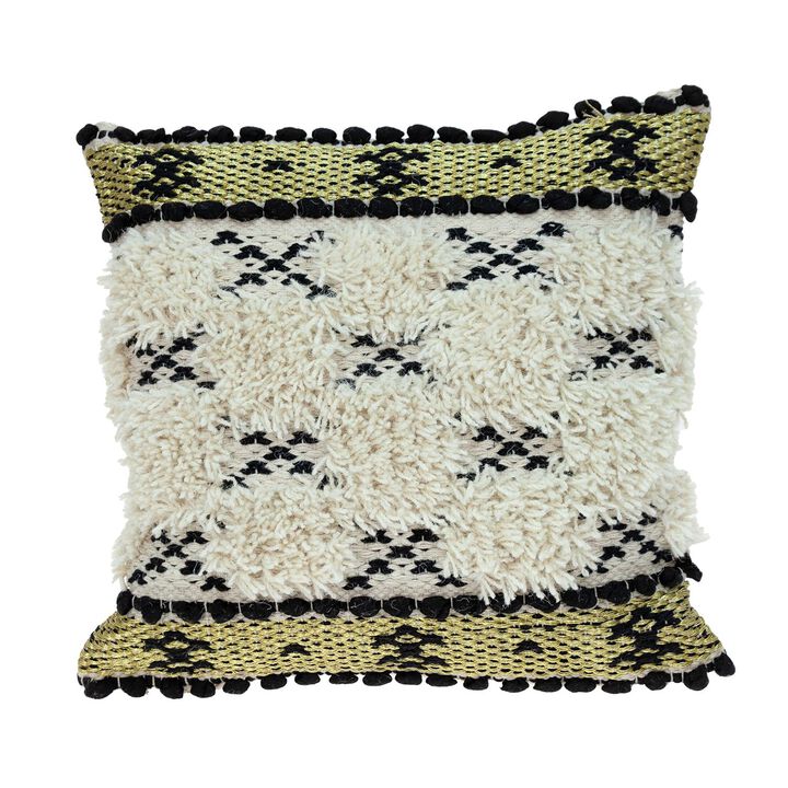 17.75" Beige and Gold Hand Woven Square Throw Pillow