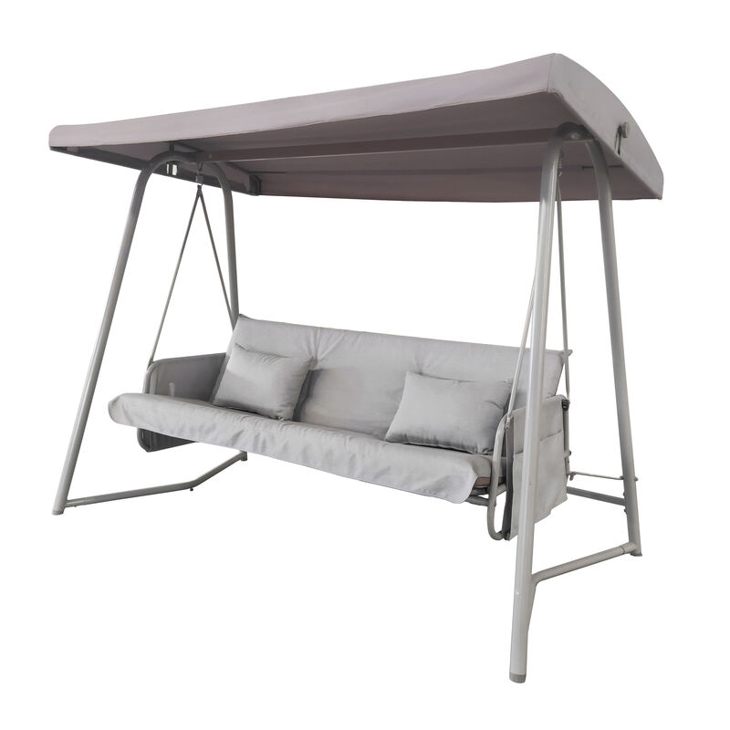 Whisen 93.8 in. W 3-Person Metal Patio Swing Chair Swing Bed with Cushion and Adjustable Canopy - Grey