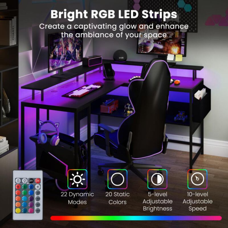 Hivvago L-Shaped Gaming Desk with LED Lights and Power Outlets Home Office Computer Desk