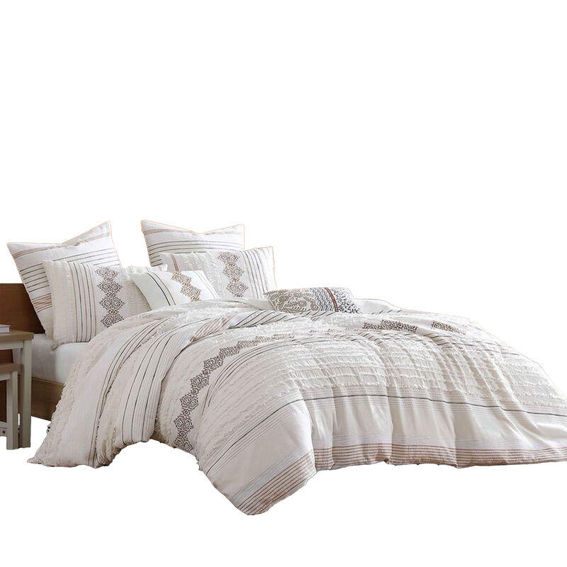Jela 5pc King Size Comforter Set, Shams, White Clipped Jacquard Stripe